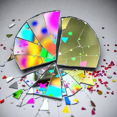 The primary subject of the image is a broken mirror with a colorful, rainbow-like pattern. The mirror is shattered into multiple pieces, creating a visually striking scene. The setting is a gray background, which contrasts with the vibrant colors of the mirror. The visual style of the image is a combination of photo and digital art, as the mirror appears to be a photograph of a broken mirror, but the colors and patterns are digitally created. The colors and mood of the image are lively and cheerful